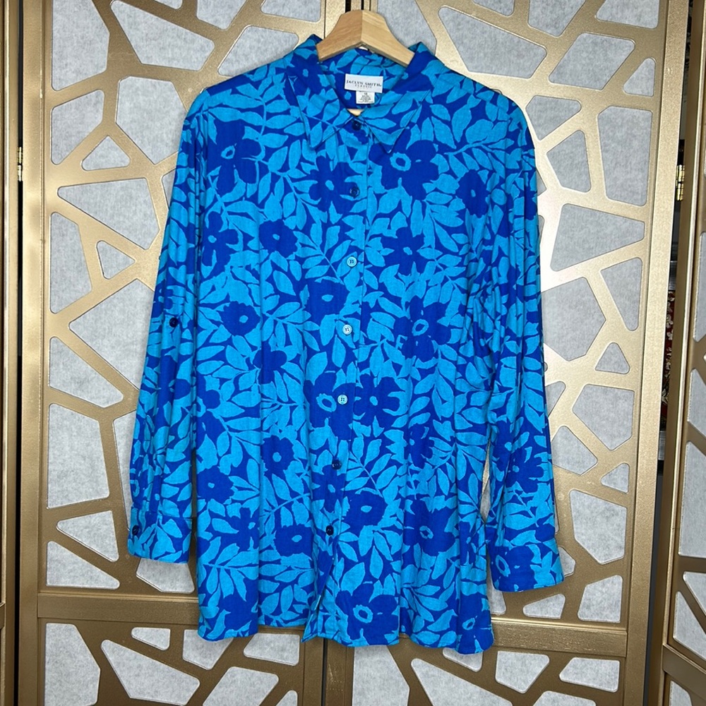 Linen Shirt Blue‎ Floral Jaclyn Smith Aloha